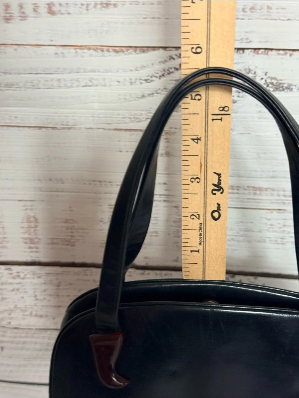 Vintage Holzman Black Leather Small Double Handle Handbag With Bakelight